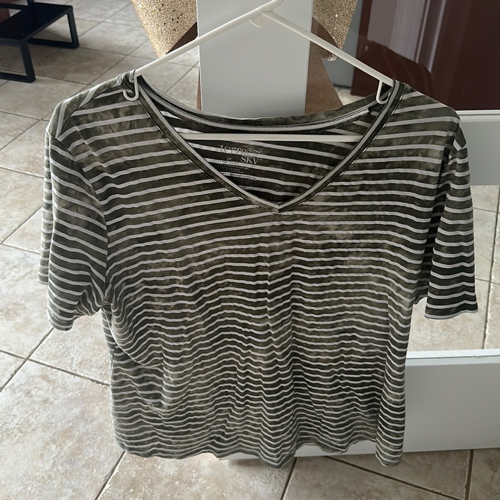 Terra sky v neck striped shirt green and white